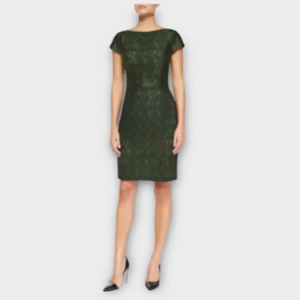 Tory Burch Mariana Sheath Dress Women's 6 Green Wool Silk Satin Lace Accent